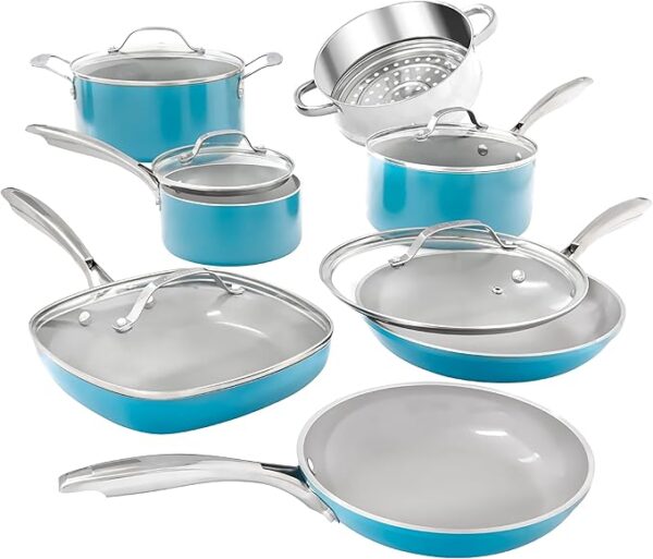 Gotham Steel Aqua Blue Pots and Pans Set, 12 Piece Nonstick