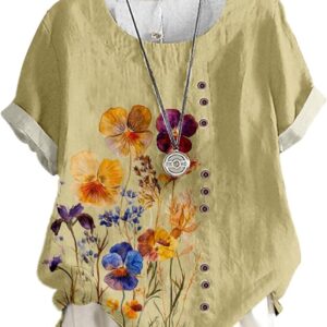 Women's Cotton Linen Tops Ladies Button Boho Floral