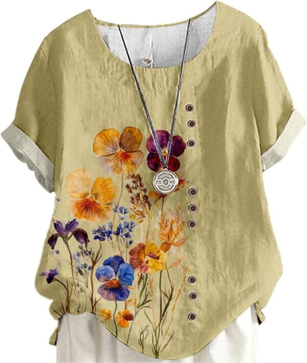 Women's Cotton Linen Tops Ladies Button Boho Floral