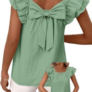 Womens Bow Tie Back Tops Round Neck Ruffle Short