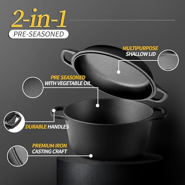 2-in-1 Pre-Seasoned Cast Iron Dutch Oven Pot - Image 2