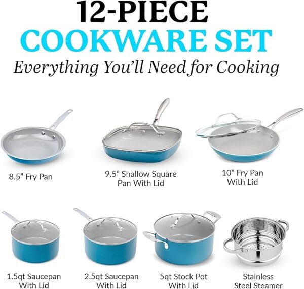 Gotham Steel Aqua Blue Pots and Pans Set, 12 Piece Nonstick - Image 2