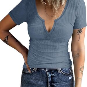 AKEWEI Women's Short Sleeve Tops Soft V Neck Ribbed