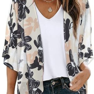 Women's Floral Print Puff Sleeve Kimono Cardigan Loose