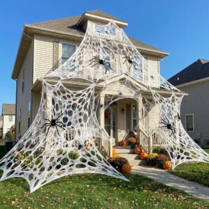 Giant Spider Web Decoration – 1000 Sqft Stretchy Halloween Web with 10 Ground Nails